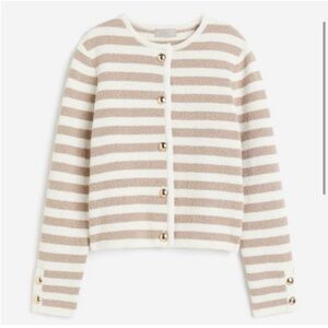 H&M Beige/Tan and White Striped Cardigan with Gold Buttons Large